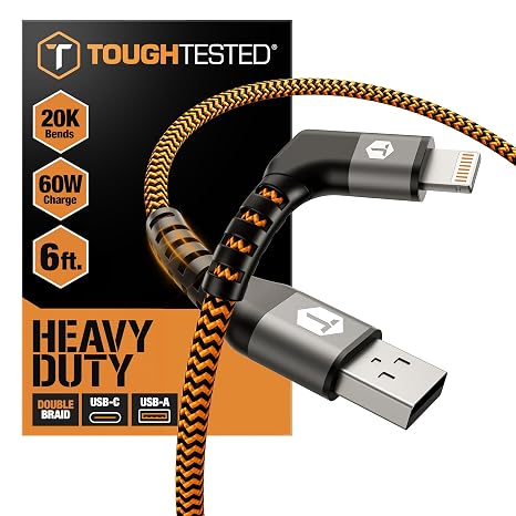 ToughTested 6ft Right Angle Lightning Cable, 60W Fast Charging Braided