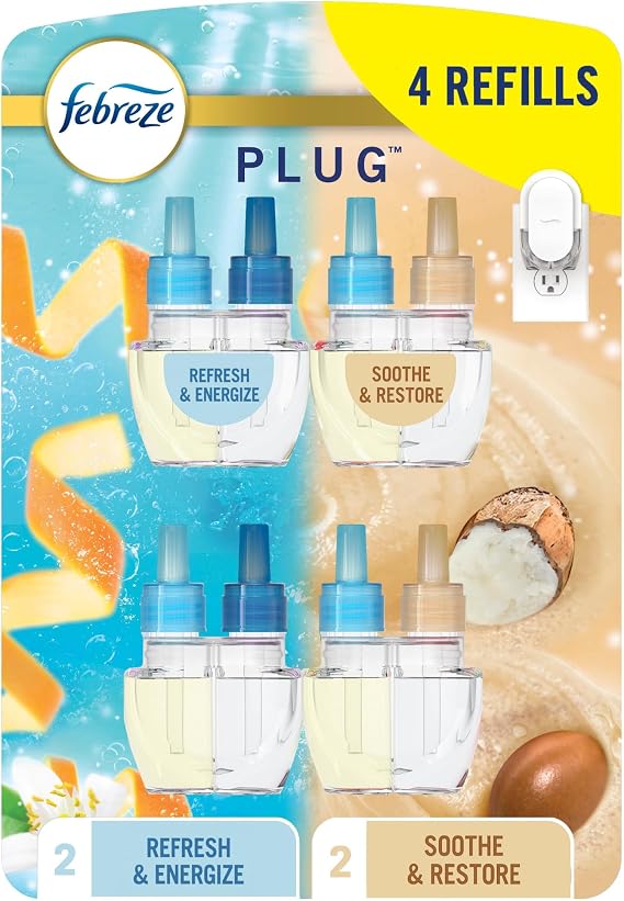 Febreze Plug In Air Freshener, Odor-Fighting Scented Oil Refill For Home, Bathroom, Kitchen, Long Lasting, Refresh & Energize and Soothe & Restore Scents, 0.87oz Refills, 4ct (2 of Each)