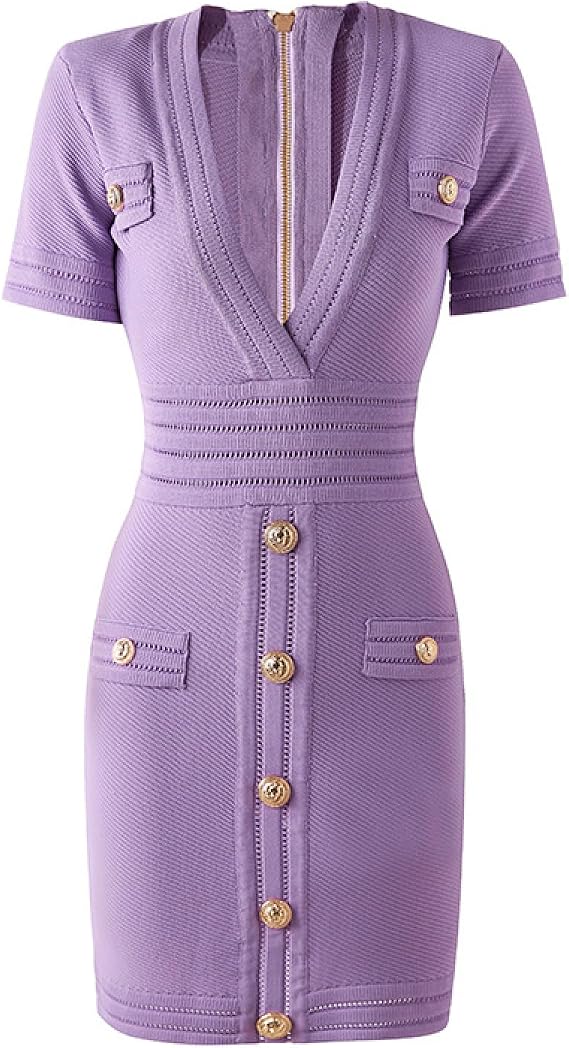 Womens Sweater Dresses Elegant Business Casual Work Dress Trendy Short Sleeve V Neck Knit Package Hip Dresses-Purple||S