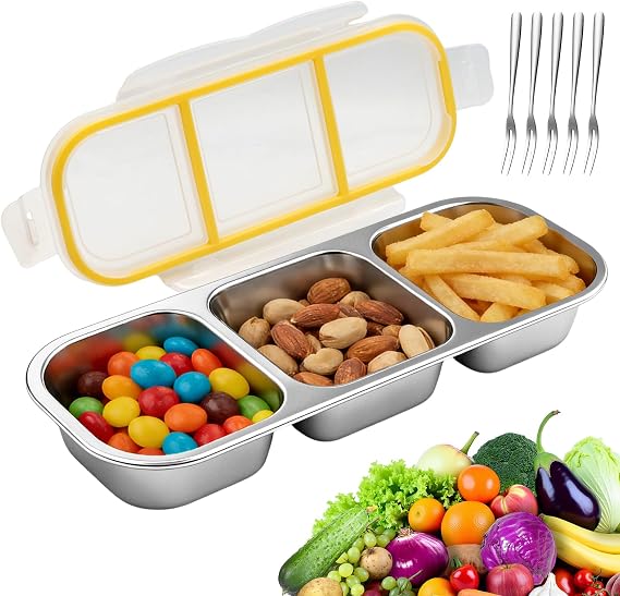Snack Box with Compartments Stainless Steel with 5 Forks Leak-proof Snack Box Divided Snack Box Children's Meal Prep Boxes Snack Box Stainless Steel for Sweets Spices Nuts Biscuits Vegetables School Work Camping