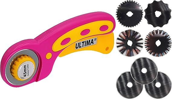 Ultima 45mm Rotary Cutter Kit Ergonomic Rotary Cutter with 8 SKS-7 Steel Blades, Straight & Pattern-Cut