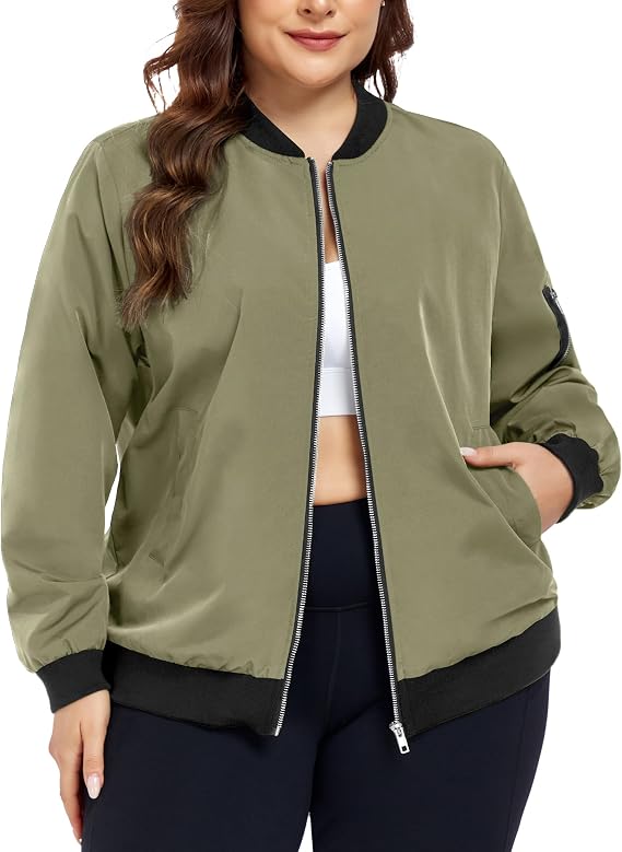 FOREYOND Plus Size Bomber Jacket Lightweight Zip Up