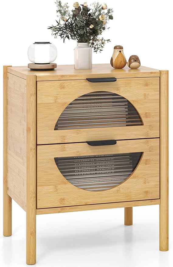 COSTWAY Bedside Table, Bamboo Nightstand Sofa Side Table with 2 Storage Drawers and Tempered Glass Fronts, Accent Bedside Cabinet Tea End Table for Living Room Bedroom, 45x40x56cm, Natural (1)