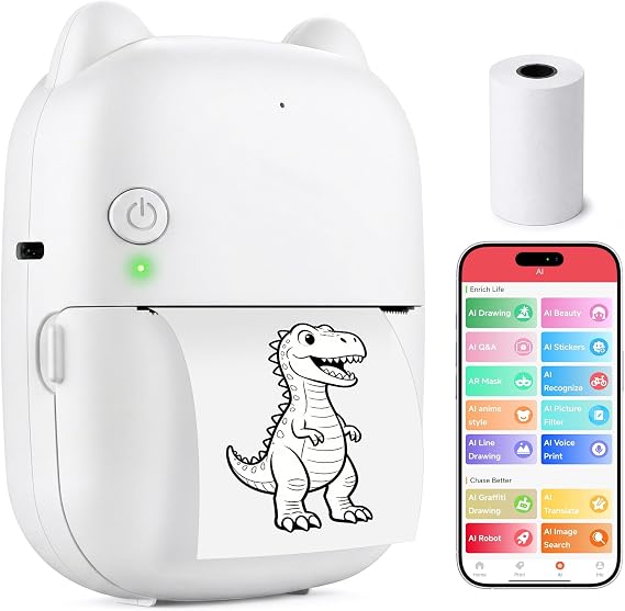 AI Sticker Printer, Mini Sticker Maker Machine for Kids and Adults, Portable Bluetooth Inkless Thermal Printer with Paper, Pocket Photo & Label Maker for DIY, Journals, Study Notes, iOS & Android