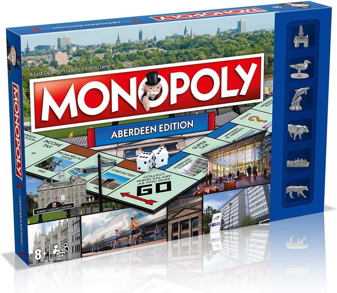 Winning Moves Aberdeen Monopoly Board Game, Advance to Castlegate, Duthie Park and Robert Gordon’s College and trade your way to success, 2–6 players makes a great gift for ages 8 plus