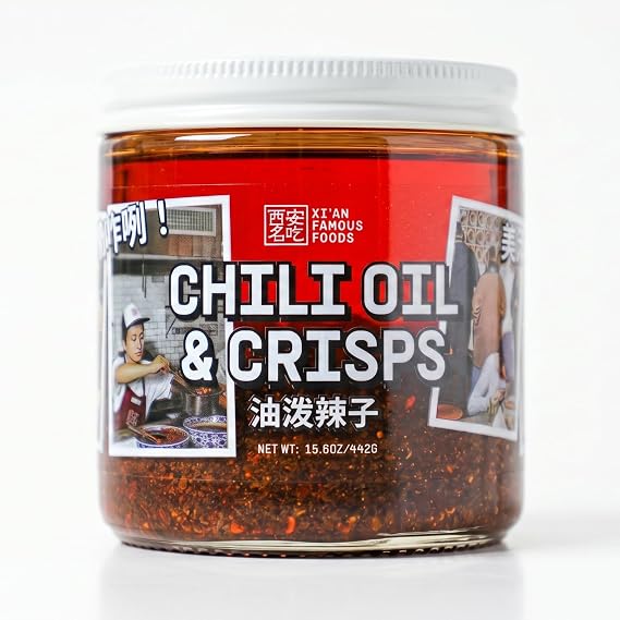 Xi'an Famous Foods Premium Chili Oil & Crisps Authentic Chinese Chili Oil & Chili Crunch, Spicy Crispy Chili Condiment for Noodles, Dumplings, Pizza, Pasta, Eggs, Stir Fry & More Vegan, Gluten Free, 16oz
