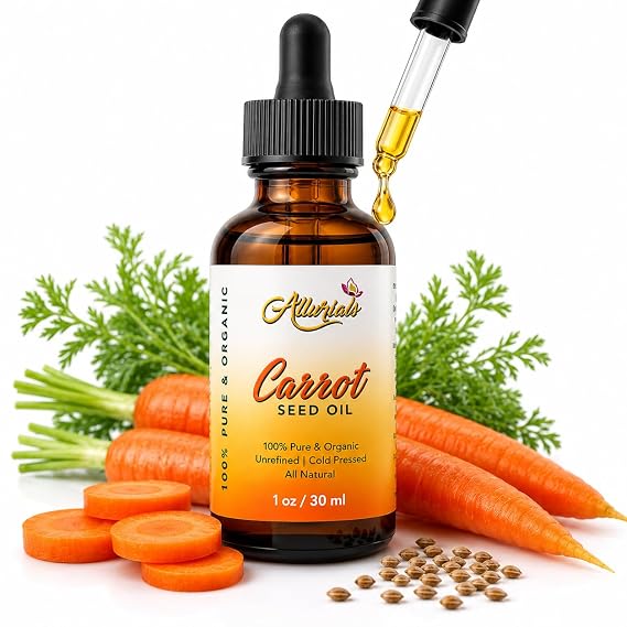 Allurials Carrot Seed Oil 100% Pure & Organic, Unrefined, Cold Pressed, All Natural, aceite de zanahoria - Daucus Carota- Essential Carrot Moisturizer for Skin, Face and Hair Growth (1 Oz)