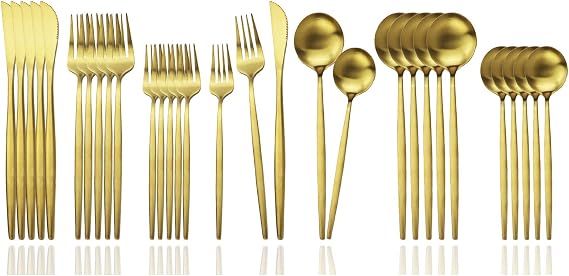 JASHII Flatware Silverware Set - Stainless Steel Satin Finish Cutlery Service for 6, 30-Piece Spoons and Forks Kitchen Utensils, Dishwasher Safe (Matte Gold)