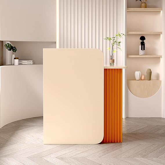 Modern Reception Desk,Front Desk Reception Counter Table,L-Shape Small Reception Desk with Counter,Wood Retail Counter Checkout,Front Office Desk,for Beauty Salon,Reception Room(Almond with orange,60x
