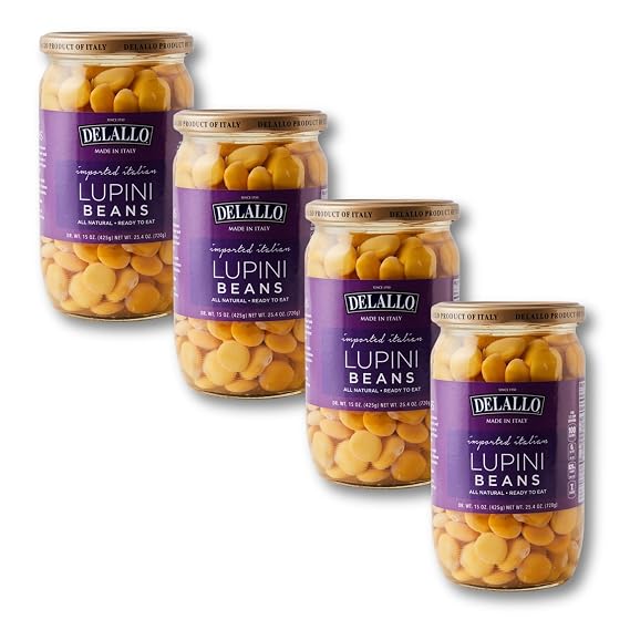 DeLallo Lupini Beans, Grown and Harvested in Italy, Nutty Flavor, Creamy Texture, Preservative Free, Non-GMO, Kosher, Gluten-Free, Vegan, High in Protein, 25.4 oz Jar, (4 Pack)