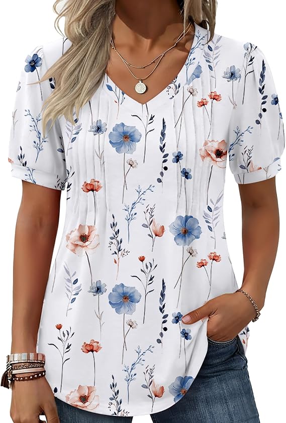 Zeagoo Womens Summer Tops 2026 Puff Short Sleeve Shirts V Neck Tunic blouse