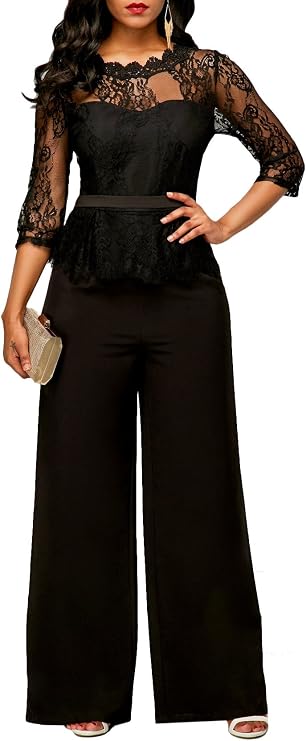 Lace Sexy Jumpsuit for Women Formal and Elegant Dressy Wedding Evening Party Guest Rompers (Black Small)