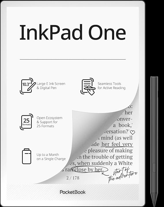PocketBook InkPad One | 10.3 E Ink Screen and Stylus for Active Reading | Essential Tools for Note-Taking | Bluetooth & Text-to-Speech Support | SMARTlight | 25 formats Support | Aluminum Frame