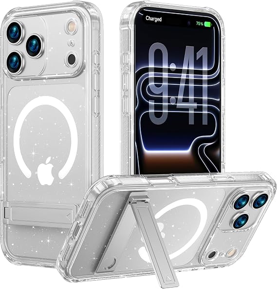 iPhone 17 Pro用ケース、内蔵キックスタンド、MagSafe対応、スリム半透明耐衝撃落下防止保護携帯電話ワイヤレスバンパーカバー、クリアキラキラ