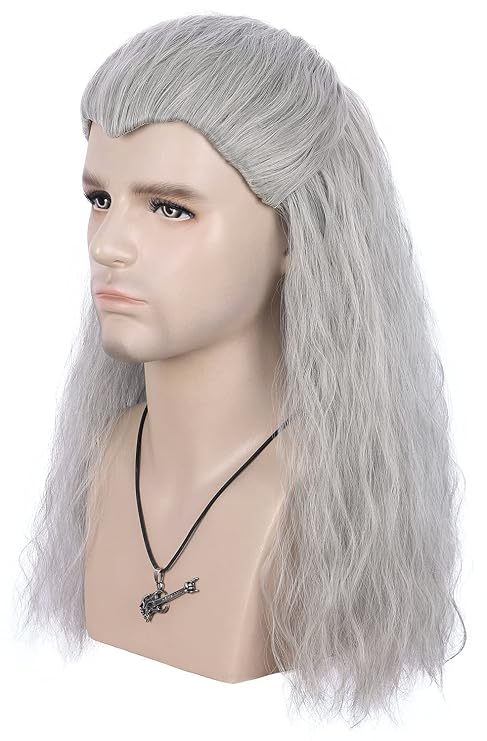 VGbeaty Adult Men Long Curly Silver Gray Wig