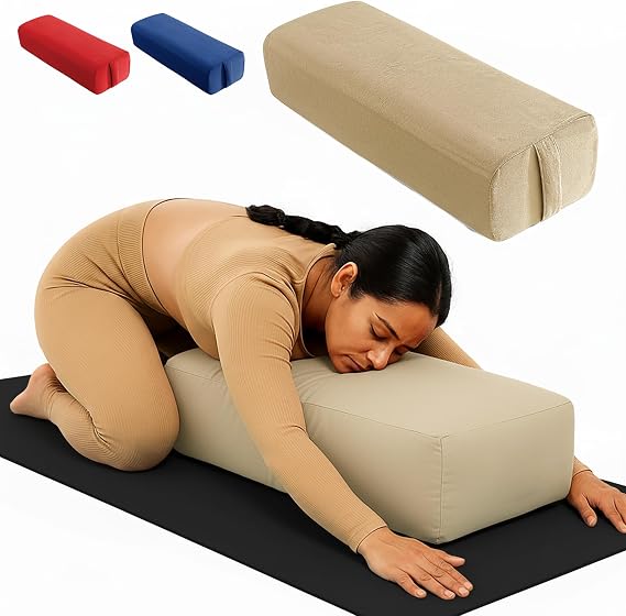 Rectangular Yoga Bolster Pillow for Meditation, Yoga & Back Support Soft Meditation Cushion with Removable Hand Wash Cotton Cover & Carry Handle (beige)