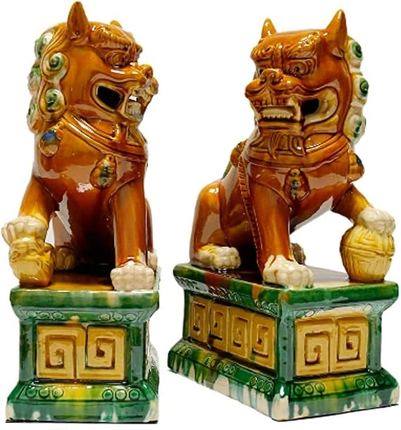 Lucky Feng Shui Statue A Pair of Fu Foo Dogs,Traditional Chinese Guardian Lion Statues with Stone Finish Feng Shui Decor for Indoor Outdoor Placement, Light Brown