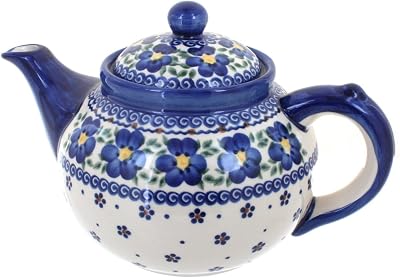 Blue Rose Polish Pottery - Blue Spring Blossom Teapot - 4 Cup Capacity - Hand-Painted Polish Pottery Ceramic Coffee & Tea Server