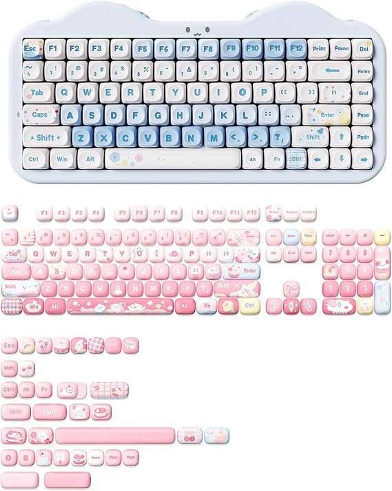 YUNZII C75 Wireless Mechanical Keyboard(Blue, Milk V2 Switch), MOG Dye Sub PBT Keycaps(Pink Ice Cream)