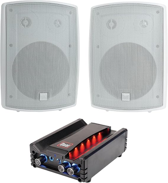 Dual Electronics LU53PW White 3-Way High Performance Outdoor Indoor Speakers DBTMA100 Black Micro Wireless Bluetooth 2 Channel Stereo Class-D Amplifier