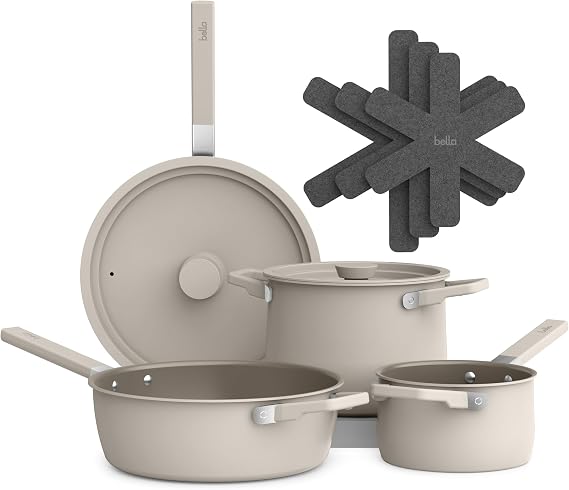 bella Fits-AnywhereTM 9-Piece, Nonstick, Non-Toxic Cookware Set, Oatmilk