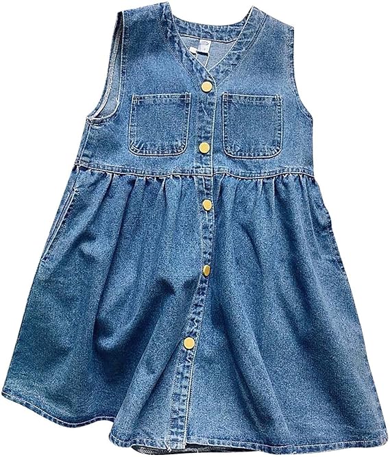Kids Girl Denim Dress Sleeveless Jumper Dresses Toddler Kids Jean Sundress Button Down Jean Dresses Summer Clothes