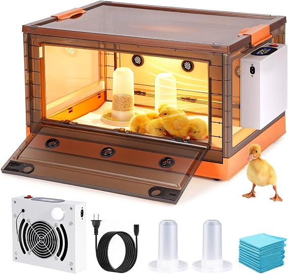 Chicken Brooder Box for Chicks with Chicken Coop Heater, Smart Temperature Control Chicken Brooder Heater, Chick Brooder with Chicken Feeder and Waterer Set for Chicks (23.6" x 16.5" x 17.8")
