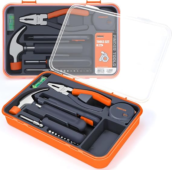 Finder Small Tool Kit 19 Piece General Household Tool Set, Mini Tool Kit Basic Hand Tools Kit with Plastic Toolbox Storage Case for Home Repair (Orange)