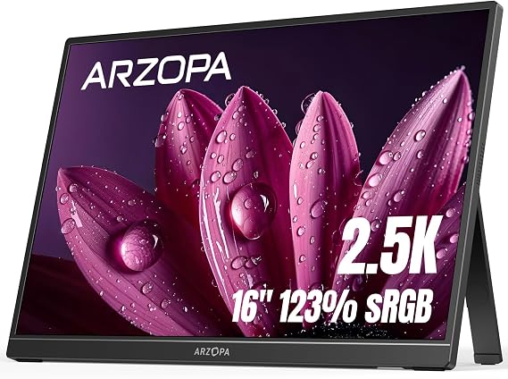 ARZOPA 16" 2.5K Portable Monitor, 2560x1600 QHD IPS Display 123% sRGB