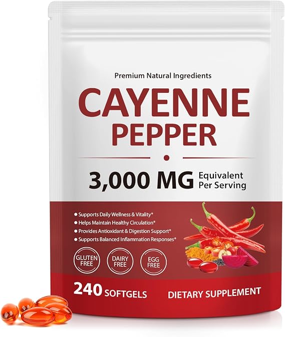 Cayenne Pepper Capsules 240 Softgels - Cayenne Pepper Capsaicin Supplement with Vitamin E D3 & K2, Grape Seed Extracts, Beetroot & Turmeric, Supports Circulation & Daily Energy