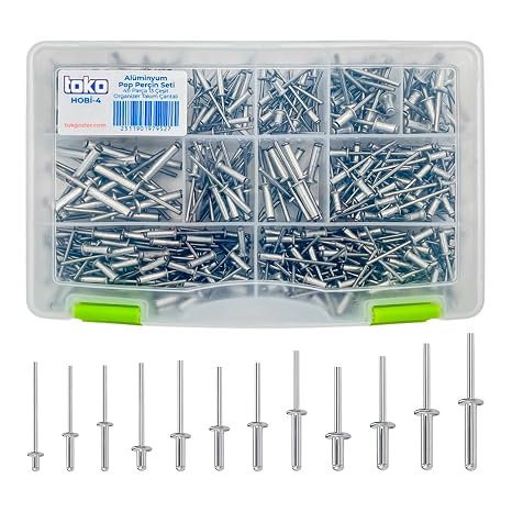 Toko Hobi-4 Alüminyum Pop Perçin Seti 411 Parça 13 Çeşit Organizer Takım Çantalı