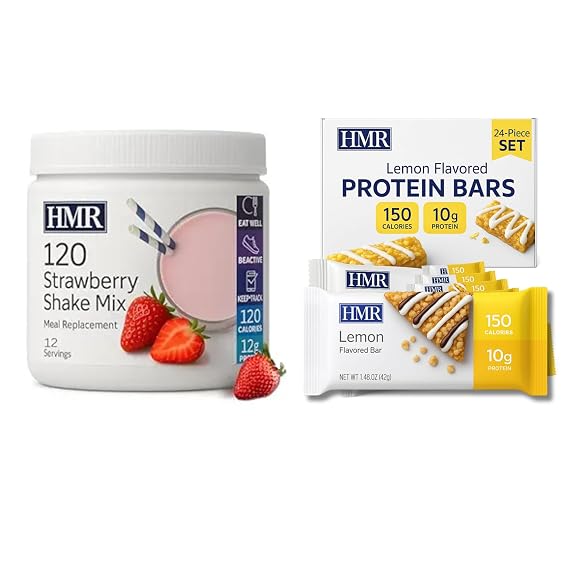 HMR 120 Strawberry Shake Meal Replacement Powder (12 Servings) With Lemon Protein Bar (24 count)