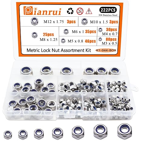 Dianrui 222Pcs Metric Lock Nuts Assortment Kit, 304 Stainless Steel Locknuts, Nylon Insert Hex Locknut M3 M4 M5 M6 M8 M10 M12 for Lock Washers