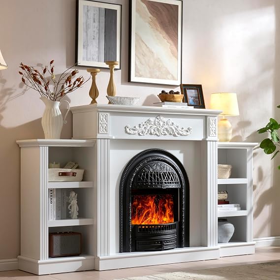 78" Birdcage-Style Electric Fireplace with Mantel, 46" Tall Fireplace TV Stand for 90" TV, Farmhouse Entertainment Center with Storage & Replaceable Insert Heater for Living Room, White