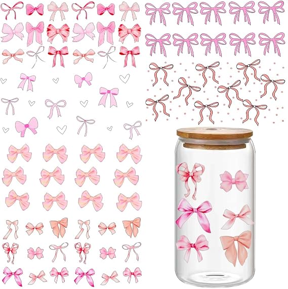 Pink Bow UV DTF Cup Wraps - 6 Sheets, Rub On Transfer Stickers for Glass Cups, Cute Bows, Sweet Bowknot Ribbon, DTF Transfers, Decals & Crafts Decor