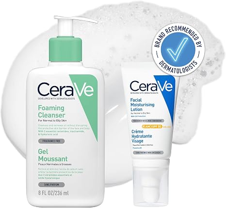 CeraVe Morning Face Routine for Oily Skin, Foaming Cleanser 236ml & AM Facial Moisturising Lotion SPF50 52ml