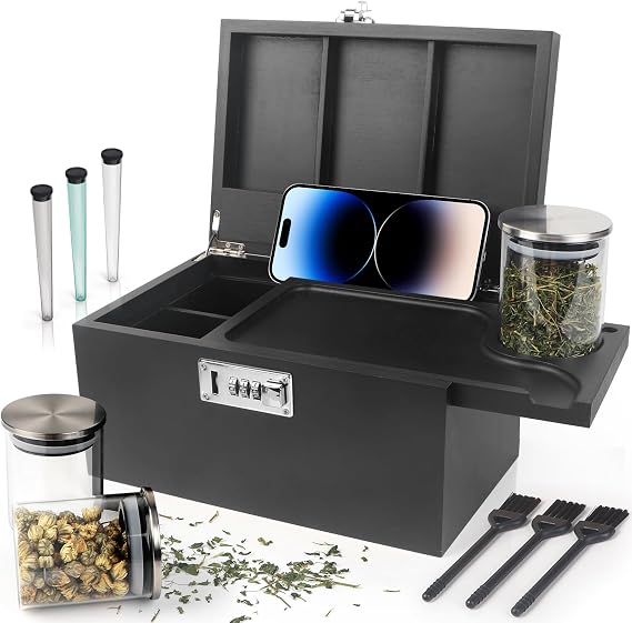 Large Black Bamboo Box with Combination Lock, Premium Storage Box with Removable Tray & Detachable Compartments, Wooden Decorative Boxes with Alright Jars & Brushes & Tubes for Great Gift Choice.