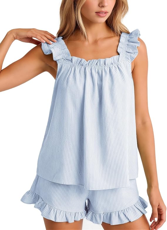 Flygo Striped Cotton Pajamas for Women Set Ruffle Cami Top Shorts Sets