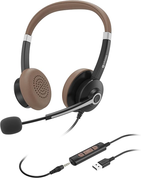 Arama USB Headset with Microphone for PC Laptop, On-Ear Computer Headphones with Noise Cancelling Mic, Wired Headset with in-line Control for Home Office Online Class Skype Zoom
