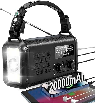 Emergency Hand Crank Radio, NOAA Weather Radio, 20000mAh Rechargeable Solar AM/FM Radio, Portable USB-C Fast Charger, Flashlight, Reading Lamp SOS Alarm for Hurricane Storm Camping Hiking (Black)