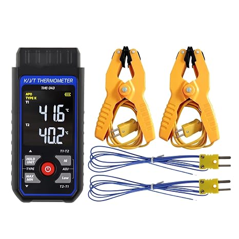 Thermocouple Thermometer HVAC Temperature Meter, Digital Temperature Thermometer with 2 Temperature Clamp & 2 Wired Thermocouple Probes, Dual Channel with Alarm & ADJ Compensation (-328~2500℉ Range)