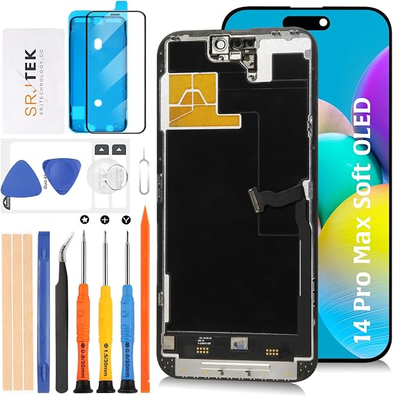 SRJTEK For iPhone 14 Pro Max Soft OLED + 120Hz Compatible LCD Panel Replacement Repair Touch Panel Set 6.7 Inch A2894, A2651, A2893 Dell LCD Display Touch Screen Digitizer Repair Parts with Tools