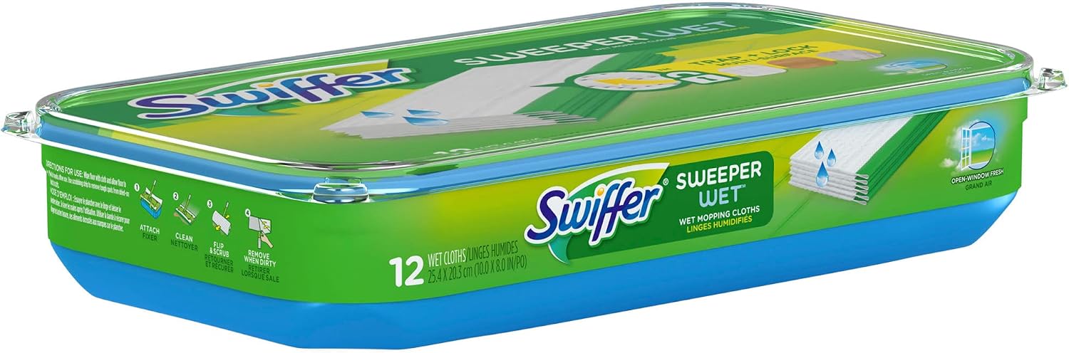 Swiffer Products Wet Refill System, Cloth, 12Box - Sold as 1 Box - Pre-Compress for 10 Sweepers - Safe for Linoleum, Vinyl, Ceramic and Finished Wood Floors