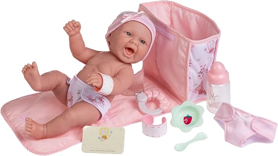 10 Piece Deluxe Diaper Bag Gift Set | Feat. 13" Realistic Smiling Baby Newborn Doll | La Newborn - JC Toys | All Vinyl | Washable | Ages 2+, Pink