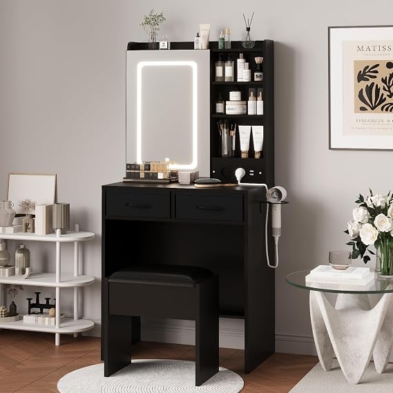 Aptliton Dressing Tables with LED Lighted Mirror, Makeup Vanity Table with Charging Station, Cushioned Storage Stool, 3 Lighting Modes & Ample Storage Shelves for Bedroom,black