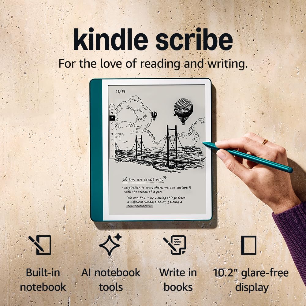 Amazon Kindle Scribe (64 GB) – Redesigned display with uniform borders. Now write directly on books and documents. With built-in notebook summarisation. Includes Premium Pen – Jade Metallic