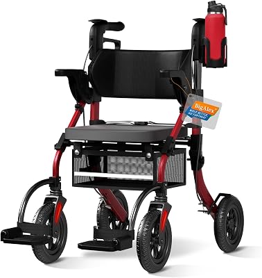 BigAlex Rollator Walkers for Seniors with Seat,2 in 1 Rollator Walker Transport-Wheelchair,Walker Wheelchair Combo,Rolling Walker with All-Terrain Wheel,Transport-Wheelchair-Foldable-Lightweight,Red