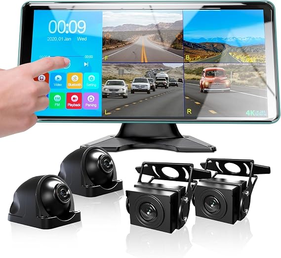 4K Backup Camera 4CH 4 AHD Dash Cam 10.36" Quad Split Touch Screen | Front Rear Sides View Camera w/DVR Recording Music Video Playback Avoid Blind for RV Semi Trailer Truck Van