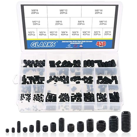 Glarks 450Pcs M3/M4/M5/M6/M8 Allen Head Socket Set Screw, 12.9 Class Black Alloy Steel Internal Hex Drive Grub Screw Assortment Kit
