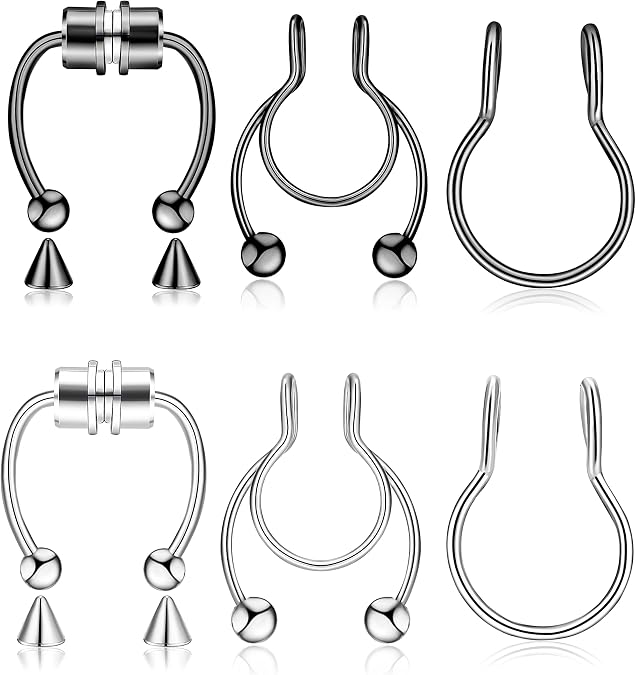 6-Piece Stainless Steel Faux Septum Hoop Nose Ring Set - Magnetic, Horseshoe Clip on Nose Ring for Women & Men